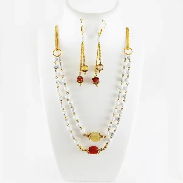 White_Gem_Stone_Howlite_Beads_2_Lines_Necklace_For_Women