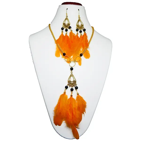 Orange_Real_Feathers_Metal_Chain_Necklace_For_Women