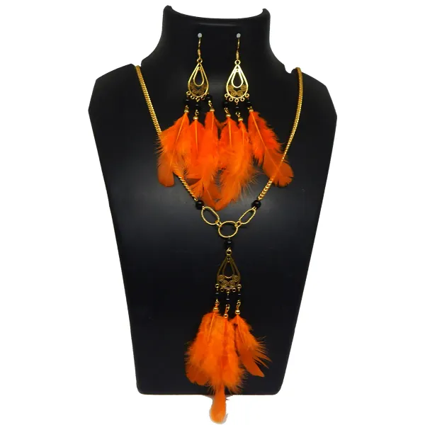 Orange_Real_Feathers_Metal_Chain_Necklace_For_Women