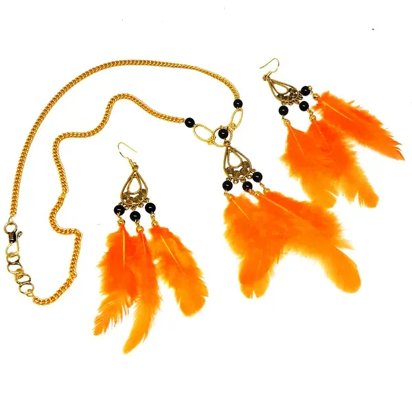 Orange_Real_Feathers_Metal_Chain_Necklace_For_Women