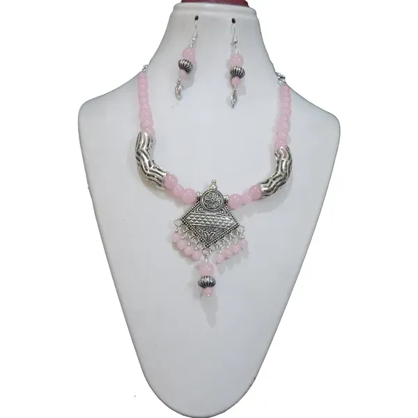 Pink_Glass_Beads_Metal_Pendant_Choker_Necklace_For_Women