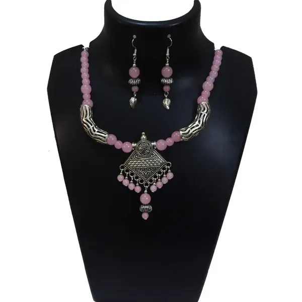 Pink_Glass_Beads_Metal_Pendant_Choker_Necklace_For_Women