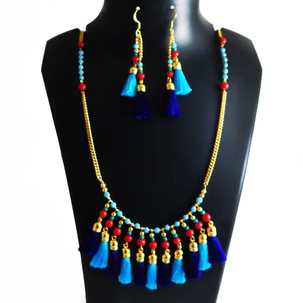 Blue_Tassels_Plain_Glass_Beads_Necklace_For_Women