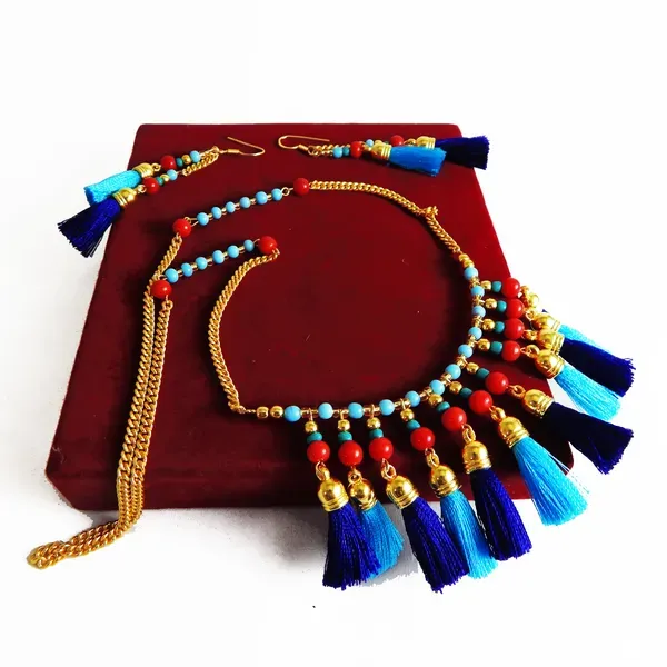 Blue_Tassels_Plain_Glass_Beads_Necklace_For_Women