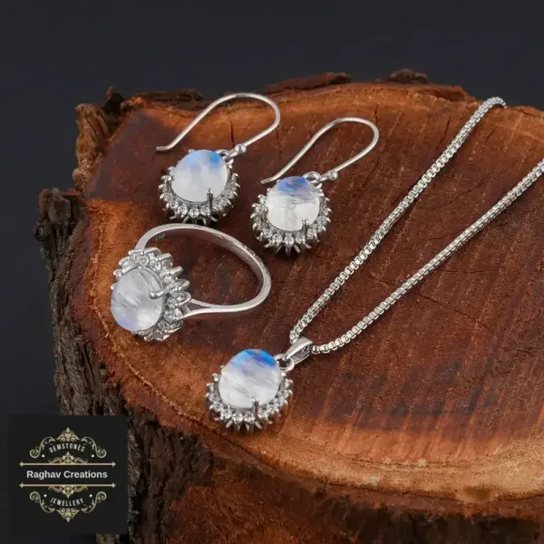 Natural_Rainbow_Moon_Gem_Stone_Silver__Cluster_Set(Earring/Ring/Pendant)_For_Women