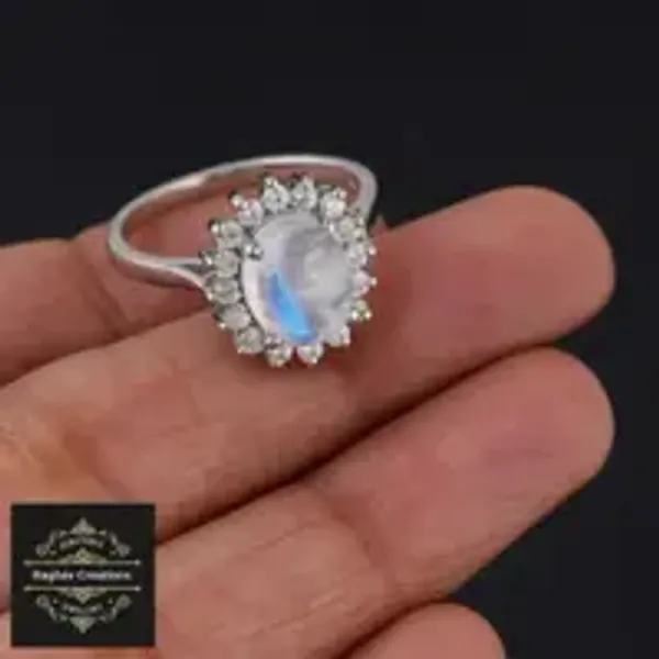 Natural_Rainbow_Moon_Gem_Stone_Silver__Cluster_Set(Earring/Ring/Pendant)_For_Women