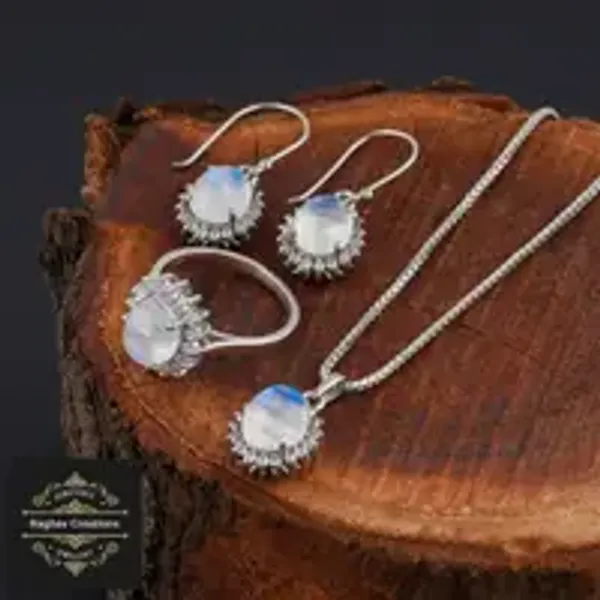 Natural_Rainbow_Moon_Gem_Stone_Silver__Cluster_Set(Earring/Ring/Pendant)_For_Women