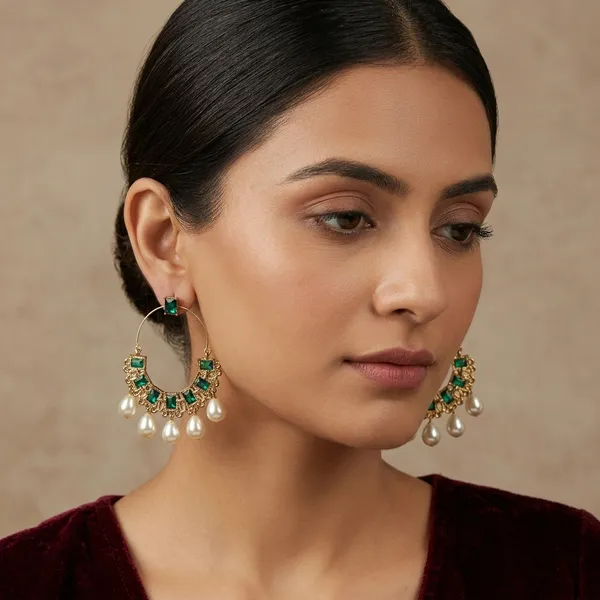 Gold_Tone_Green_Stone_Pearl_Hoop_Earrings_For_Women