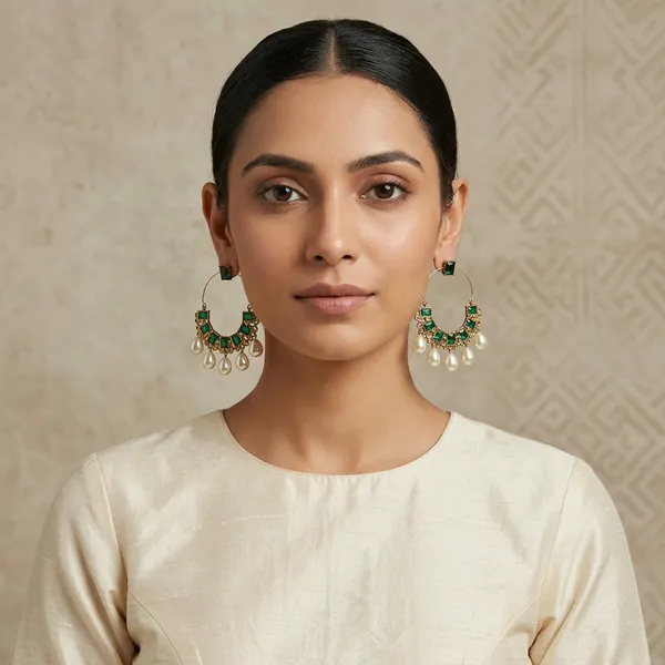 Gold_Tone_Green_Stone_Pearl_Hoop_Earrings_For_Women