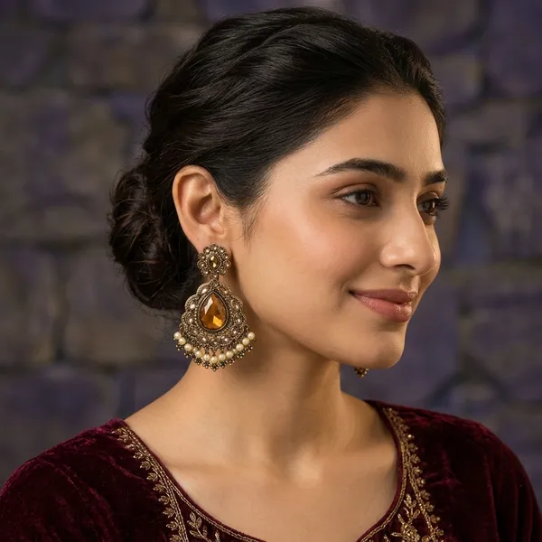 Antique_Gold_Amber_Stone_Pearl_Drop_Earrings_For_Women