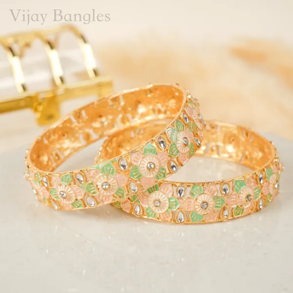 Gold_Brass_Alloy_Pastel_Floral_Kundan_Meenakari_Bangles_For_Women_Set_Of_2