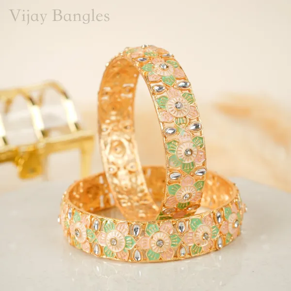 Gold_Brass_Alloy_Pastel_Floral_Kundan_Meenakari_Bangles_For_Women_Set_Of_2