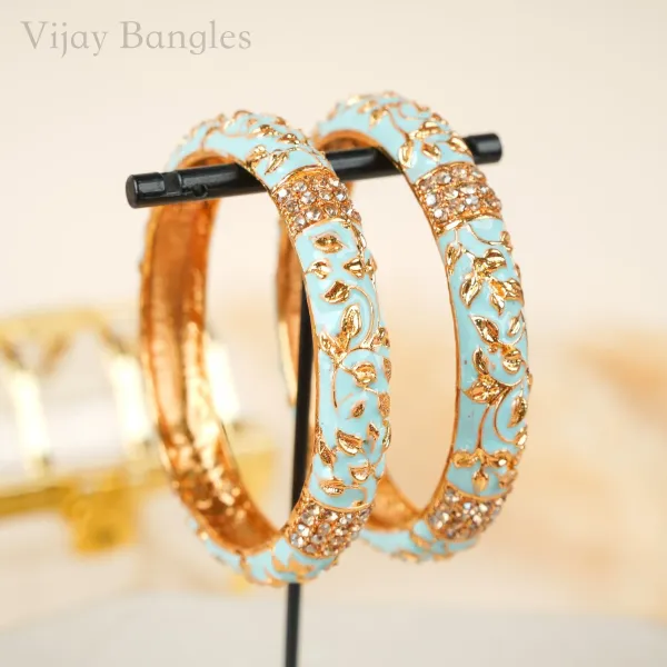 Gold_And_Blue_Copper_Enamel_Gold_Vine_Crystal_Accent_Bangles_For_Women_Set_Of_2