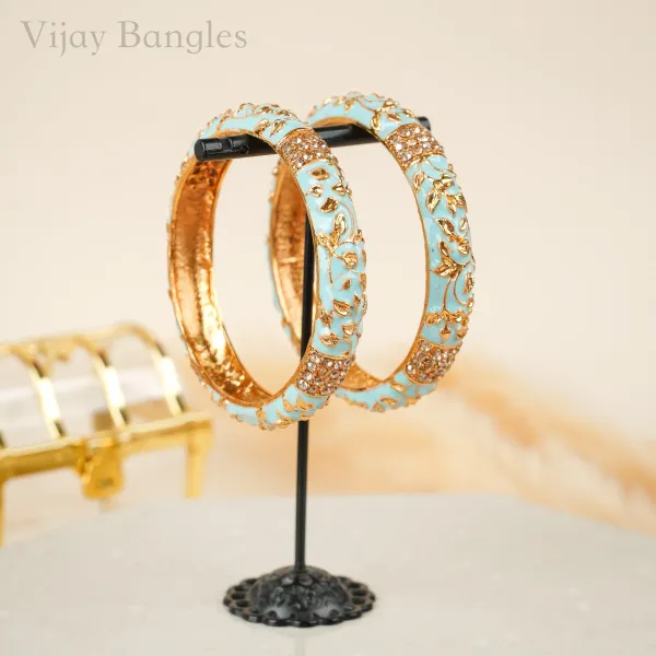 Gold_And_Blue_Copper_Enamel_Gold_Vine_Crystal_Accent_Bangles_For_Women_Set_Of_2