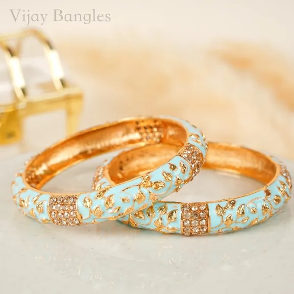 Gold_And_Blue_Copper_Enamel_Gold_Vine_Crystal_Accent_Bangles_For_Women_Set_Of_2