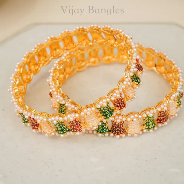 Gold_Brass_Alloy_Meenakari_Pearl_Border_Festive_Bangles_For_Women_Set_Of_2