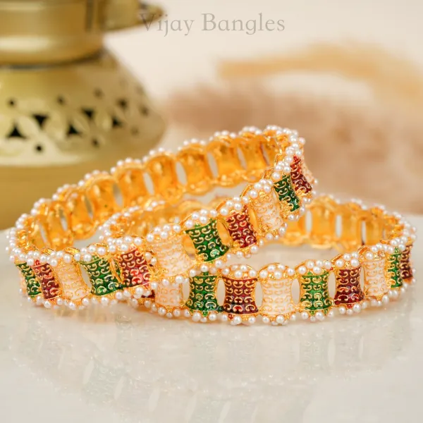Gold_Brass_Alloy_Meenakari_Pearl_Border_Festive_Bangles_For_Women_Set_Of_2