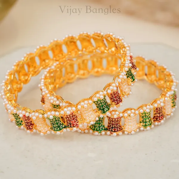 Gold_Brass_Alloy_Meenakari_Pearl_Border_Festive_Bangles_For_Women_Set_Of_2