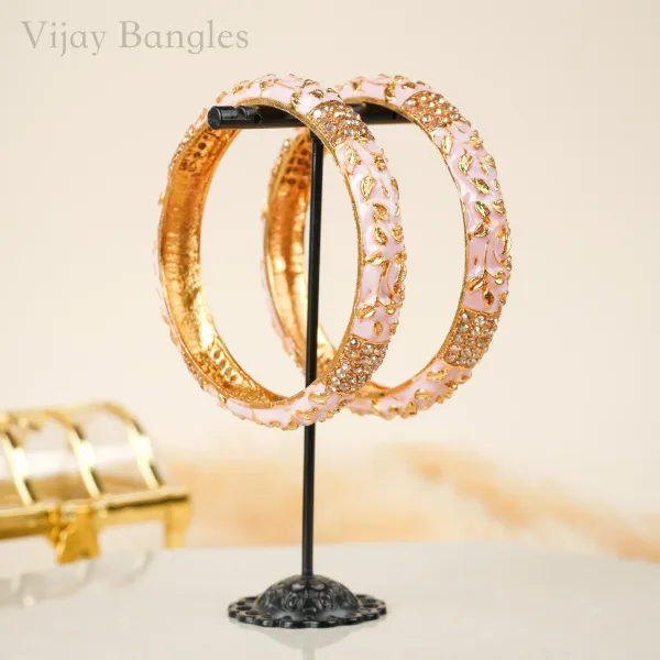 Gold_Copper_Pink_Floral_Enamel_Crystal_Bangles_For_Women_Set_Of_2