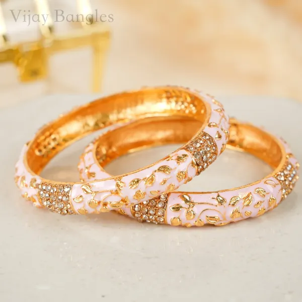 Gold_Copper_Pink_Floral_Enamel_Crystal_Bangles_For_Women_Set_Of_2