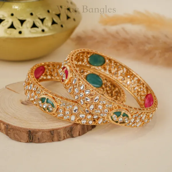 Gold_Brass_Alloy_Kundan_Floral_Enamel_Bangles_For_Women_Set_Of_2