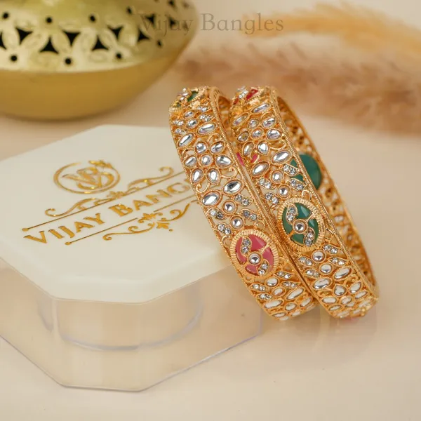 Gold_Brass_Alloy_Kundan_Floral_Enamel_Bangles_For_Women_Set_Of_2