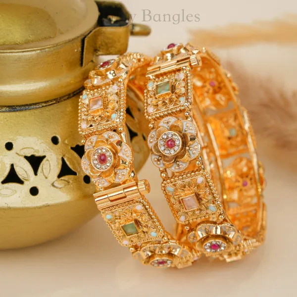Gold_Copper_Floral_Engraved_Pastel_Stone_Bangles_For_Women_Set_Of_2