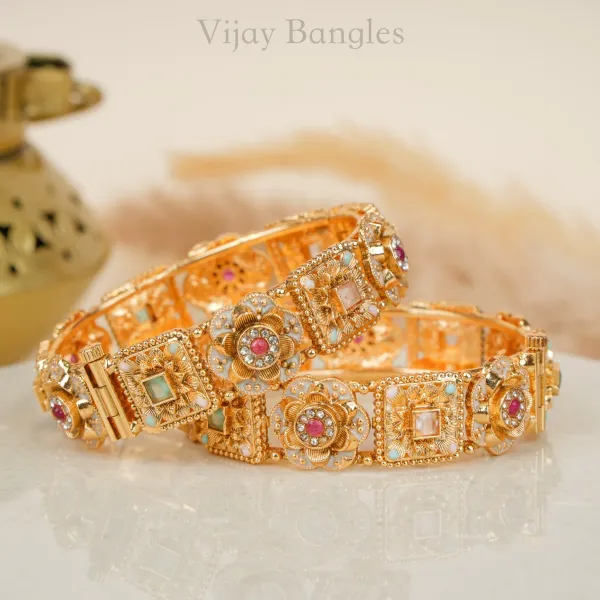 Gold_Copper_Floral_Engraved_Pastel_Stone_Bangles_For_Women_Set_Of_2