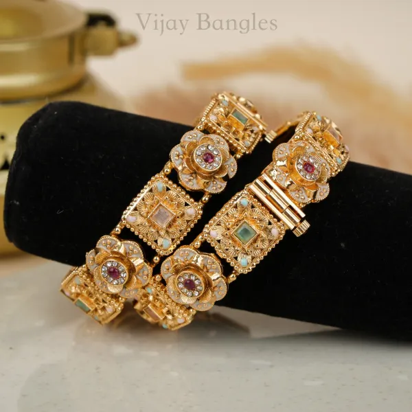 Gold_Copper_Floral_Engraved_Pastel_Stone_Bangles_For_Women_Set_Of_2