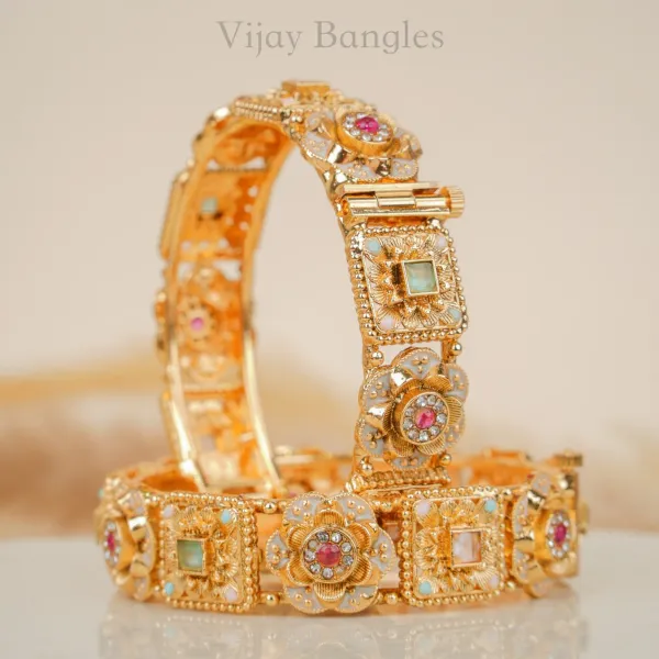 Gold_Copper_Floral_Engraved_Pastel_Stone_Bangles_For_Women_Set_Of_2
