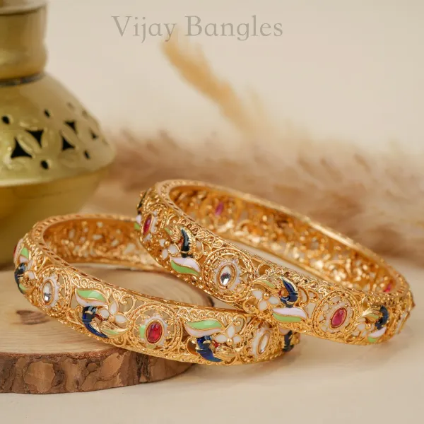 Gold_Brass_Alloy_Peacock_Meenakari_Stone_Bangles_For_Women_Set_Of_2