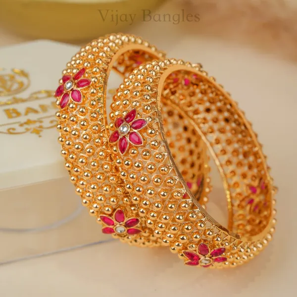 Gold_Brass_Alloy_Textured_Bead_Ruby_Floral_Stone_Bangles_For_Women_Set_Of_2