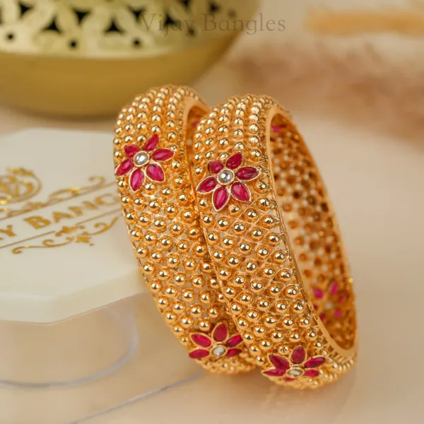 Gold_Brass_Alloy_Textured_Bead_Ruby_Floral_Stone_Bangles_For_Women_Set_Of_2