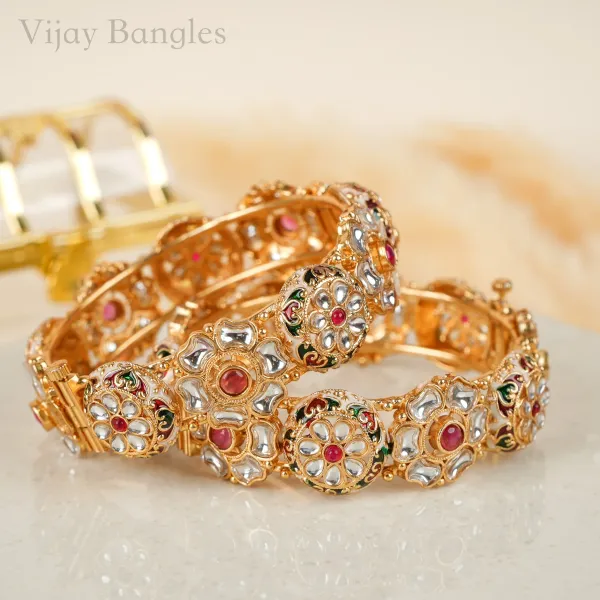 Gold_Copper_Floral_Kundan_Enamel_Kada_Bangles_For_Women_Set_Of_2