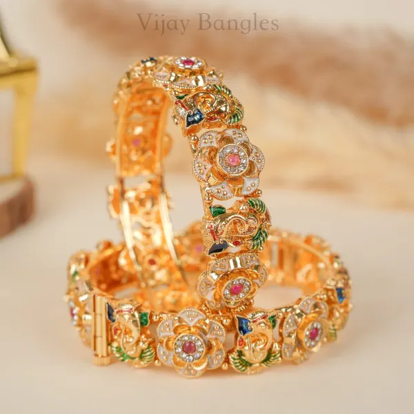 Gold_Copper_Ganesha_Meenakari_Stone_Festive_Bangles_For_Women_Set_Of_2