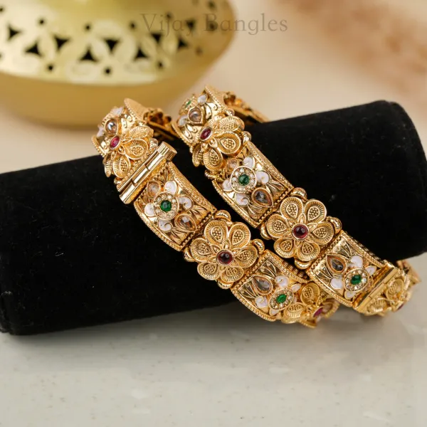 Gold_Copper_Floral_White_Meenakari_Stone_Bangles_For_Women_Set_Of_2