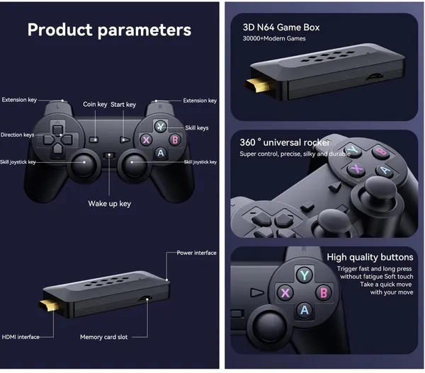Playtastic_M33_2.4G_Wireless_Game_Stick_with_4K_3D_TV_Output,_45_Emulators_64_GB_with_30,000+_Games,_360°_Universal_Rocker,_2_Gamepads_(Black)