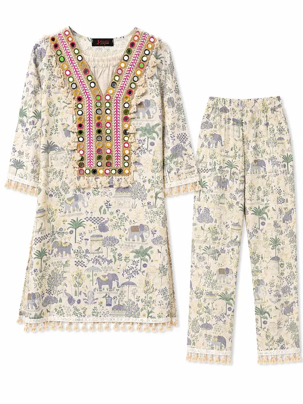 Cream_Khadi_Cotton_Premium_Kurta_Pant_Set_For_Women
