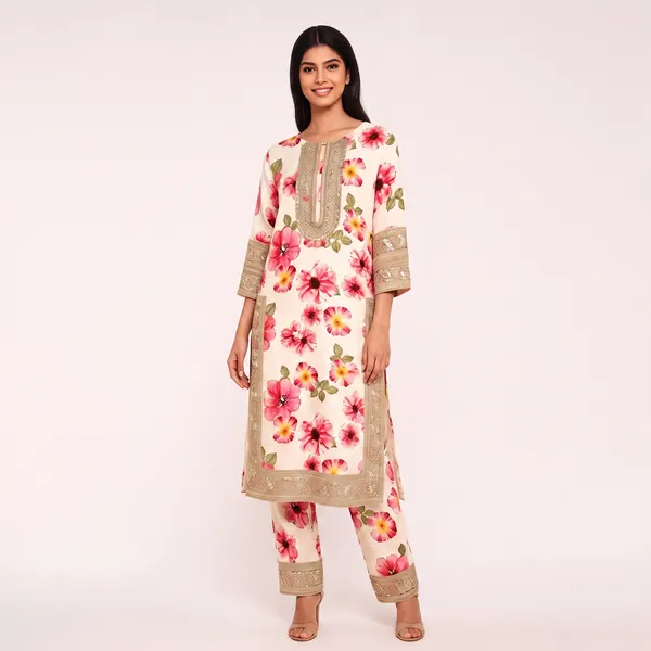 Cream_Mulmul_Cotton_Premium_Kurta_Pant_Set_For_Women