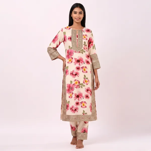 Cream_Mulmul_Cotton_Premium_Kurta_Pant_Set_For_Women