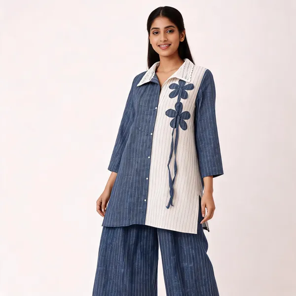 Blue_Khadi_Cotton_Premium_Kurta_Set_For_Women