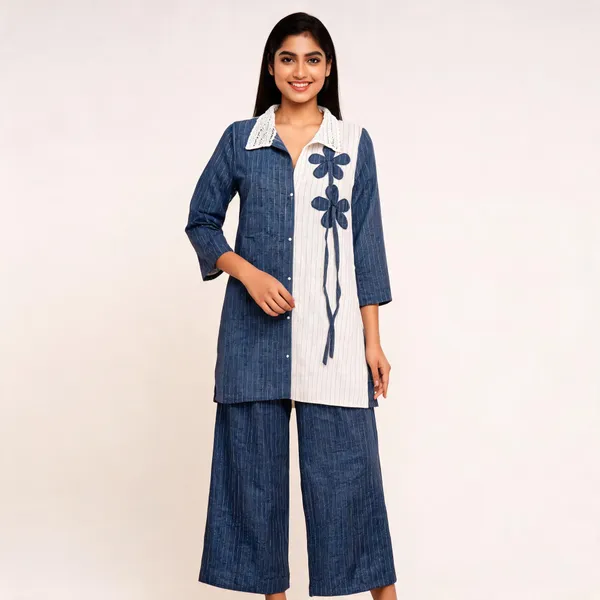 Blue_Khadi_Cotton_Premium_Kurta_Set_For_Women