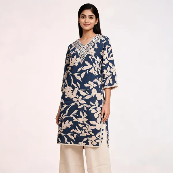 Navy_Khadi_Cotton_Premium_Kurta_Set_For_Women