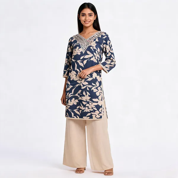 Navy_Khadi_Cotton_Premium_Kurta_Set_For_Women