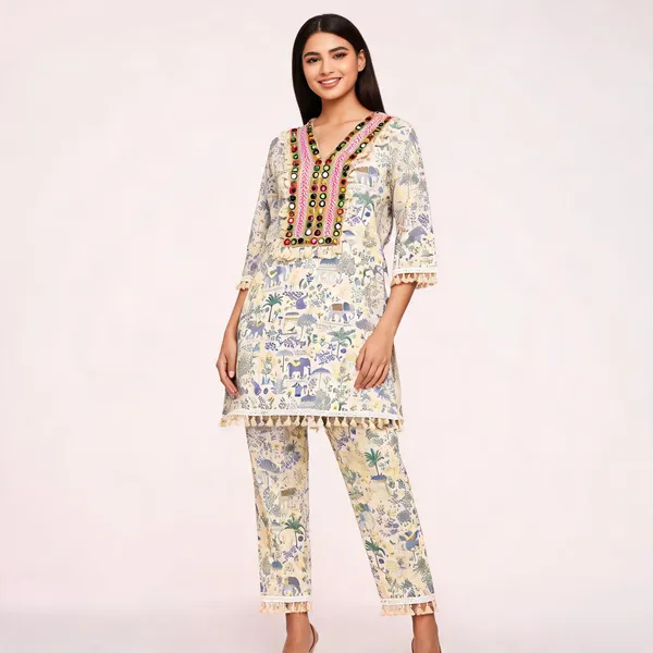 Cream_Khadi_Cotton_Premium_Kurta_Pant_Set_For_Women