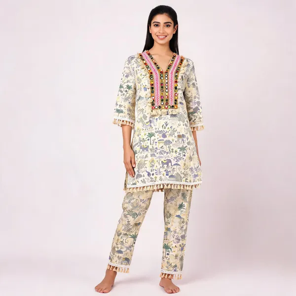 Cream_Khadi_Cotton_Premium_Kurta_Pant_Set_For_Women