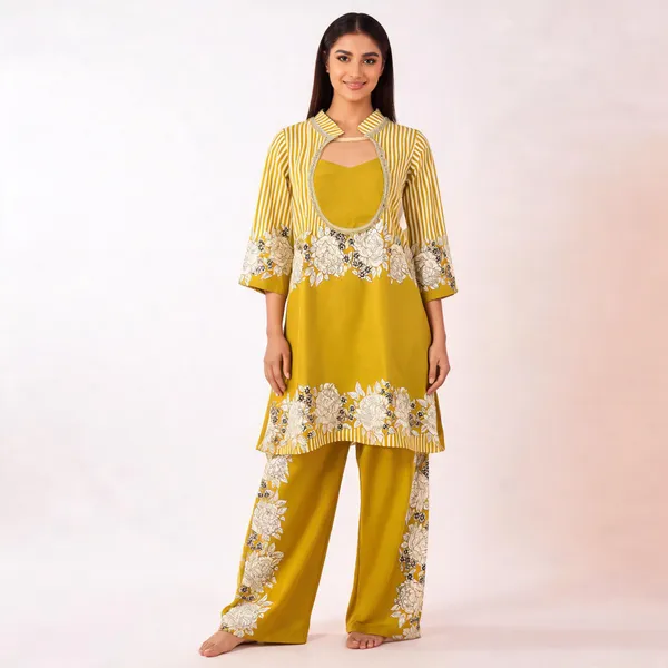 Mustard_Mulmul_Cotton_Premium_Kurta_Pant_Set_For_Women