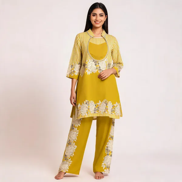 Mustard_Mulmul_Cotton_Premium_Kurta_Pant_Set_For_Women