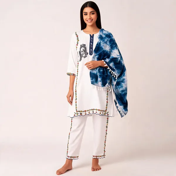 White_Cotton_Cambric_Premium_Kurta_Pant_Dupatta_Set_For_Women