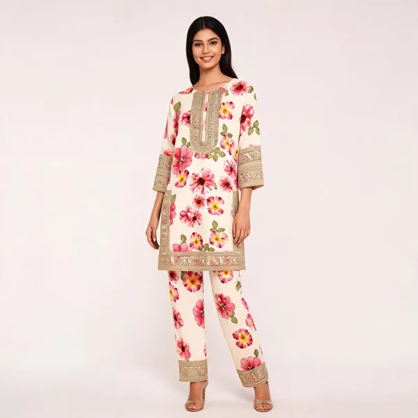 Cream_Mulmul_Cotton_Premium_Kurta_Pant_Set_For_Women